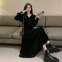 ANYOU 여성 가을 겨울 프렌치 벨벳 원피스 롱원피스 하객원피스