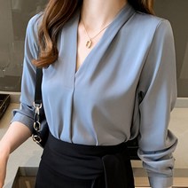 단아한 심플 쉬폰 여성 긴팔 브이넥 블라우스