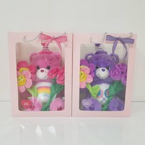 케어베어 생일 인형+투명창쇼핑백+스마일꽃인형2송이+장미꽃인형3송이 구성, 펀샤인베어(옐로우)