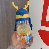 미즈우드 뿔 sippy 컵 귀여운 귀여운 귀여운 만화 컵 가을 휴대용 환경 친화적 인 스트랩 컵, 580ML, 다크 블루