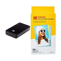 Kodak Mn 2 HD 무선 모바일 인스턴트 포토 프린터(4패스 특허 인쇄 기술 포함)(블랙) 및 새로운 미니 포토 프린터 카트리지 MC 올인원 용지 및 컬러 잉크 카트리지 리필, black_Bundle mit Papier – 30er