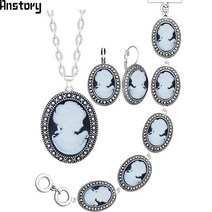 Oval Lady Queen Cameo Jewelry Set Antique Silver Plated Necklace Earrings Bracelet Fashion Jewelry TS419