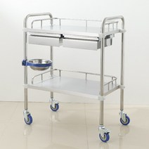 의료용카트 운반 메디컬 스테인리스 바구니 스텐대차, 공식 규격, 60x40x86cm, 두꺼운 2단 이중 서랍 블루 브레이크 휠