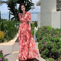 DFMEI 부드럽고 로맨틱하며 발목까지 오는 원피스 크로스 스트랩 바캉스 무드감 허리 여밈 여신 롱스커트