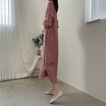 [천삼백케이] [코지23] 여자 분위기 있는 베이직 모던 실키 셔츠 리본 롱원피