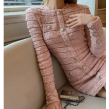 수입 핑크 울 트위드 미니 원피스 아이유 키작녀 결혼식 코디 장원영 의상 명품 상견례 복장 수지 44 77 사이즈