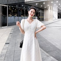 쉬폰 허리 스트링 롱원피스 원피스 롱 여름 브이넥 반팔 기질 빈티지 슬림 조임