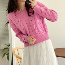 [봄상품 무료배송] 꽈배기 짜임 피치브이넥 봄여성 니트티