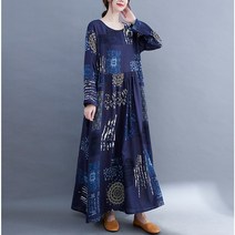 중년여성옷 40 50대 엄마옷 선물 마담 빅사이즈 봄 가을 네이비 패턴 라운드 롱 원피스