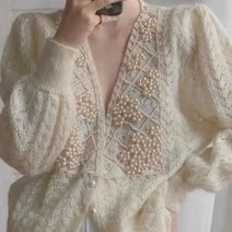 진주가디건 보석 펄 가디건 여성 봄 브이넥 화이트 스위트 진주 니트