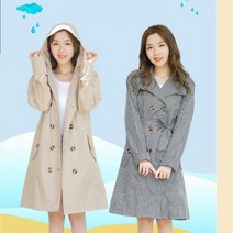 휴대용 여성 방수 트렌치 후드 우의 바람막이 통기성 전신 레인코트, 블랙 체크