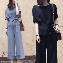 뉴욕멋쟁이 베릴 허리리본 블라우스+일자바지 세트 캐주얼 투피스 여성 여름투피스 빅사이즈여성