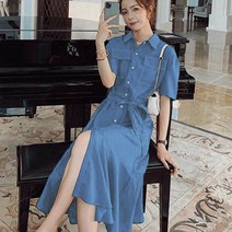 노이디제이 화이트 스티치 플레어 미디 원피스 INO285A