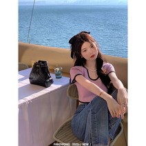 여성 반팔 라운드 크롭 니트티 팬 Zhiqiao 보라색 짧은 니트 티셔츠 여름 ab