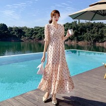 [하나비] 글라시피이리 여성 여름 브이넥 도트 원컬러 쉬폰 드레시한 롱 원피스