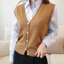 코라 여성 봄 가을 무지 단추 브이넥 니트조끼 간절기 베스트