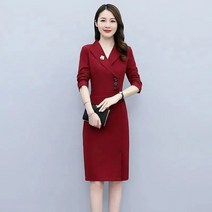 예복원피스 아나운서 우아한 정장 슬림 드레스 여성 2021 가을 한국 패션 노치 칼라 블 작업복 사무실 숙