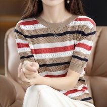여름 면 린넨 펀칭 반팔 티셔츠 여 루즈핏 캐주얼 배색 빈티지 순면 반팔 린넨 니트 상의