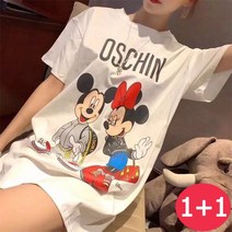 1+1 여성 미키 반팔 티셔츠 루즈핏 반팔티 롱티 라운드 티 빅사이즈 여름 데일리