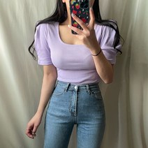 [날씬해보이는/가격실화] 퍼프 소매 골지 스퀘어넥 반팔 티셔츠 여자 스판 신축 데일리 면 코튼 여성 캐쥬얼 티 쫀쫀 슬림핏 글램핏 여리여리