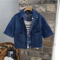 상상그이상 여성용 핀탁 청자켓 스판 데님 베이직 반팔청자켓 간절기 아우터 퍼프 크롭자켓 데일리 얇은 숏 데님자켓