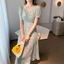 Migtis 플라워 브이넥 여름 반팔 롱원피스