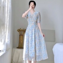 여름원피스 단짠단짠 부드러운타입 롱스커트 발목 여신스타일 여신 여성히피스타일 V칼라시폰 플라워 원피스 봄여름타입