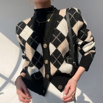 유블리 여성 페미닌 아가일 가디건 가디아