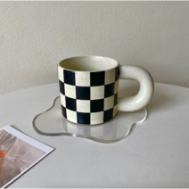 체커보드 세라믹 동글 머그컵 바둑무늬 바둑판 체크무늬 세라믹컵 도자기컵, 1개