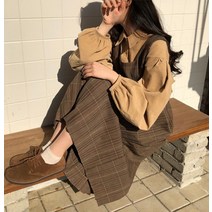 여성 코듀로이 멜빵 롱 원피스 프렌치 티 브레이크 슬림 세트