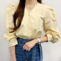 브이넥 랩스타일 퍼프 소매 긴팔 블라우스