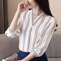오버클래쓰 여성 V넥 블라우스 깁노 스트라이프 기본 셔츠 남방