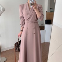 미니멈 원피스 봄 롱원피스 A라인 하객룩 프랑스어 정장 칼라 더블 브레스트 스트랩 허리 솔리드 컬러 긴 윈드 브레이커 드레스 여성 봄과 가을