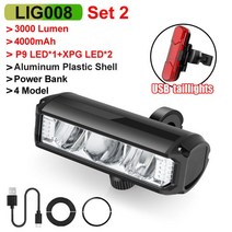 NEWBOLER 자전거 라이트 프론트 6000루멘 8000mAh 방수 손전등 USB 충전 MTB 도로 사이클링 램프 액세서리, [03] 4000mA Set 2