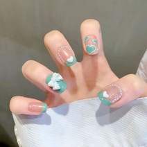떨샵 붙이는 네일팁 인조손톱 민트 진주 하트 리본네일, 2개, NAIL-N307