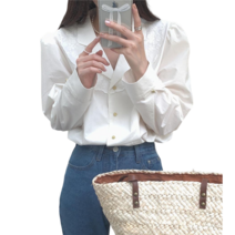 여성 레이스 라펠 화이트 블라우스 긴팔퍼프셔츠