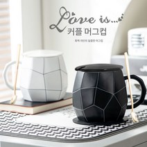 Z3JC 심플 홈 커플 머그컵, 블랙&화이트 더블 라인 포근한 더블컵 401ml, 뚜껑이 달린 숟가락