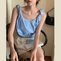 데일리룩 프렌치 시크 트임 브이넥 미니 디자인 민소매 오픈 쇄골 숄더 스트랩 순색 면 나시 탑