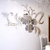 예쁜대형거울 와이드 물결무늬 스텐드 인테리어 전신거울 120x90cm 꽃 아크릴 거울 스티커 홈 장식 거울 거실 diy 3d 홈 데칼 벽화 벽 장식, 은