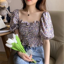 DAPANDA 플라워 블라우스 여하 반팔 2021 뉴 스퀘어넥 프렌치 톱 느낌 허리 셔링 블라우스