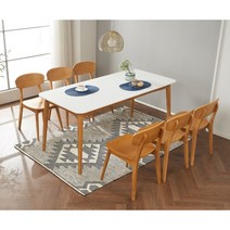 습기강한 고무나무 원목 6인용 식탁 +의자 set(3색) 레트로 리빙 세련된 긴, 화이트