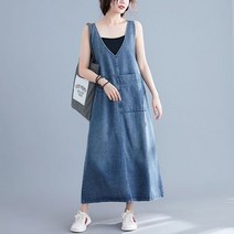 여성 민소매 데님 원피스 오버핏 v넥 멜빵 원피스 블루SFW