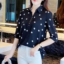 땡땡이블라우스 패션 라펠 프린트 물방울 무늬 버튼 오버사이즈 쉬폰 셔츠 캐주얼 상의 루즈한 출퇴근 여성 블라우스 여름 및 가을 신상291229