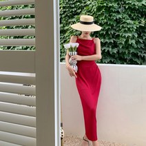 따봉오빠 여성 백 크로스 스트랩 나시 롱 원피스 레드(DB394)