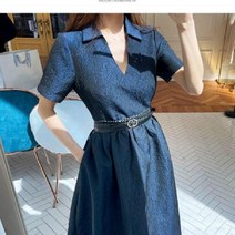 해외고급 우아 v넥 카라 원피스 반팔 패턴 포켓 하객룩 플레어 롱원피스 벨트 세트