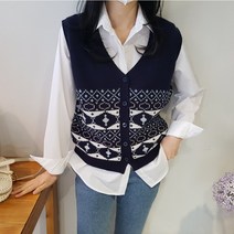상상그이상 여성용 국내제작 베이직 자가드 패턴 보헤미안 스타일 브이넥 오픈형 버튼 니트 조끼