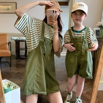 엄마 아들 딸 커플 패밀리 시밀러 가족 세트 스트라이프 티셔츠 데님 스트랩 바지 멜빵 단가라 휴양지