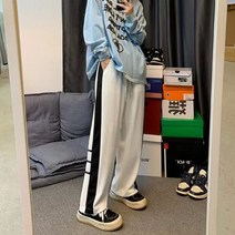 스트라이프 컬러 블록 캐주얼 바지 남성용 하이 스트리트 뉴트럴 트렌드 루스 다용도 와이드 레그 스포츠 바지