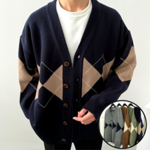 [당일 출고] 이브컴퍼니 남성용 두꺼운 봄 가을 오버핏 아가일 패턴 가디건 (4color) (3450)
