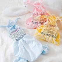펫라이엇 강아지옷 봄 여름 자수 주름 올인원, 블루